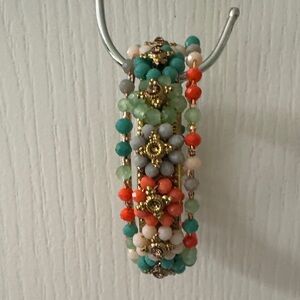 Multicolor Beaded Stretch Bracelet with Gold Accents - Coral, Teal & Mint